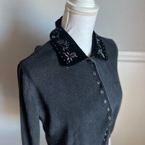 Black Cropped Cardigan with Embroidered Floral Velvet Collar & Buttons SZ S-M